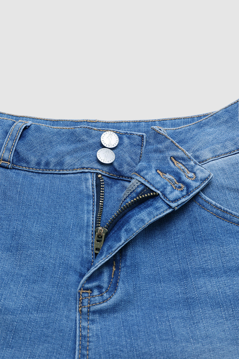 Wash Ripped Roll Hem Dual Button High Rise Denim Shorts