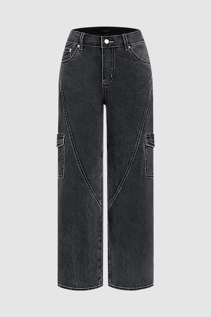 Wash Flap Pocket Seam Detail High Waist Straight Leg Pants Without Belt