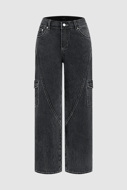 Wash Flap Pocket Seam Detail High Waist Straight Leg Pants Without Belt