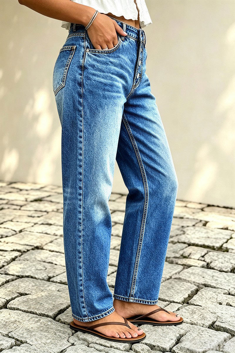 Wash Button Fly Mid Waist Straight Leg Jeans