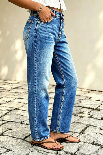 Wash Button Fly Mid Waist Straight Leg Jeans