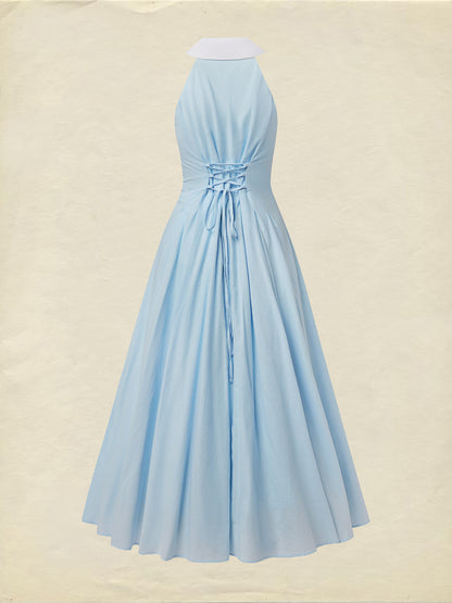 Robe longue en lin, sans manches, col châle, unie, boutonnée, style vintage, bleue