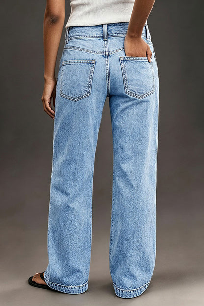 Wash Asymmetrical Stitch Detail Mid Waist Wide Leg Jeans