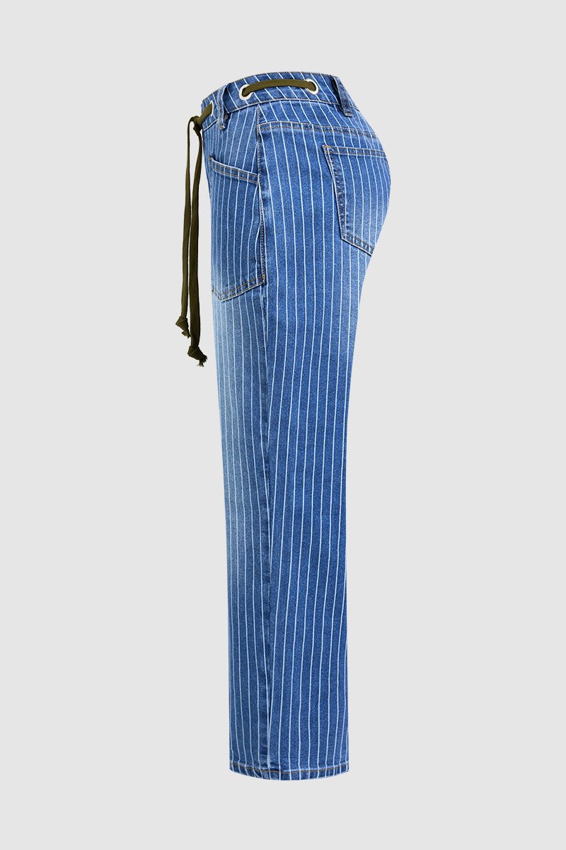 Pinstripe Drawstring Patched Pocket High Waist Straight Leg Crop Jeans