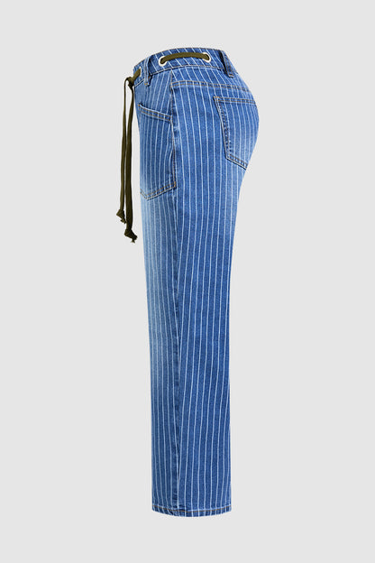 Pinstripe Drawstring Patched Pocket High Waist Straight Leg Crop Jeans