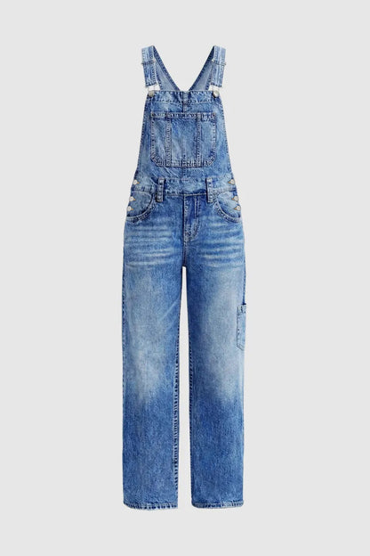 Wash Multi Pocket Mid Waist Straight Leg Overalls
