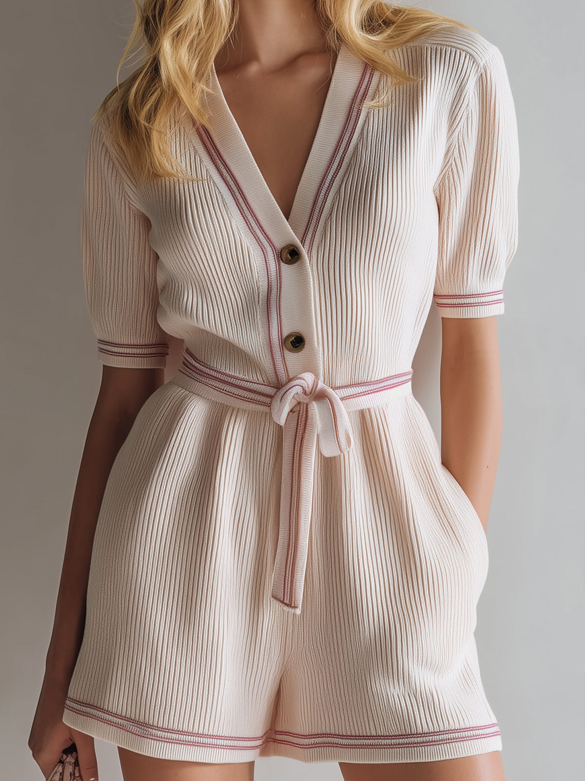Chic Casual Beige V-Neck Button Front Short Sleeve Contrast Trim Detail Tie Waist Knit Romper