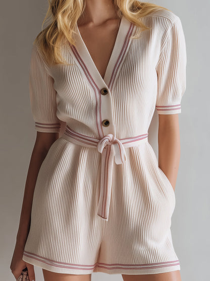 Chic Casual Beige V-Neck Button Front Short Sleeve Contrast Trim Detail Tie Waist Knit Romper