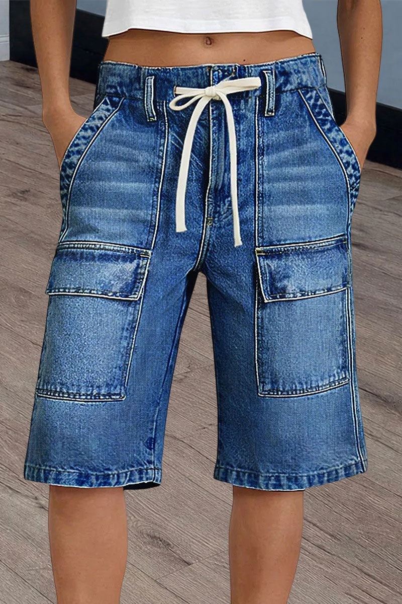 Wash Flap Pocket Drawstring Mid Rise Denim Bermuda Shorts