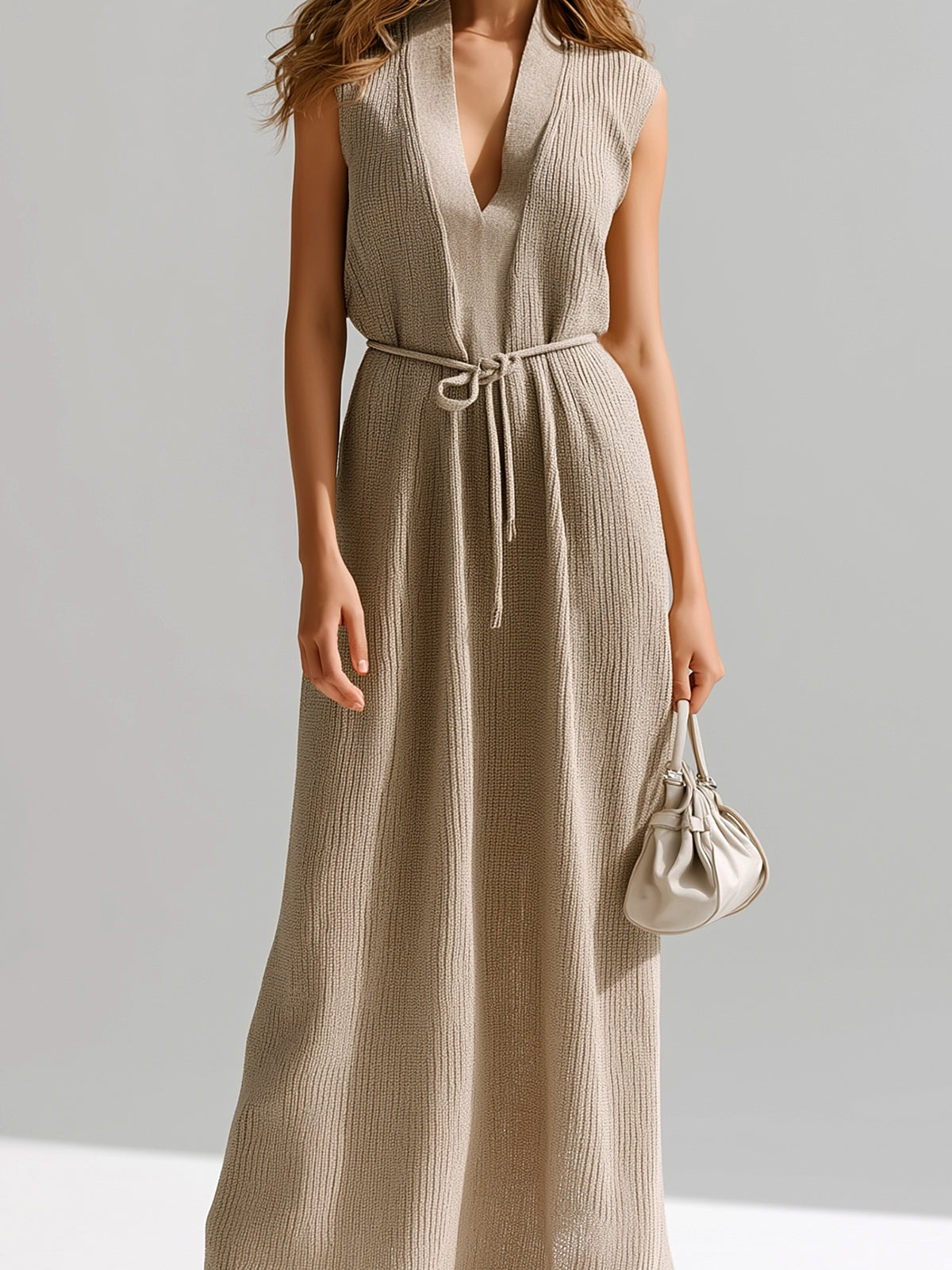 Chic Elegant Camel Deep V-Neck Sleeveless Loose-Fit Tie-Waist Ribbed Knit Maxi Dress