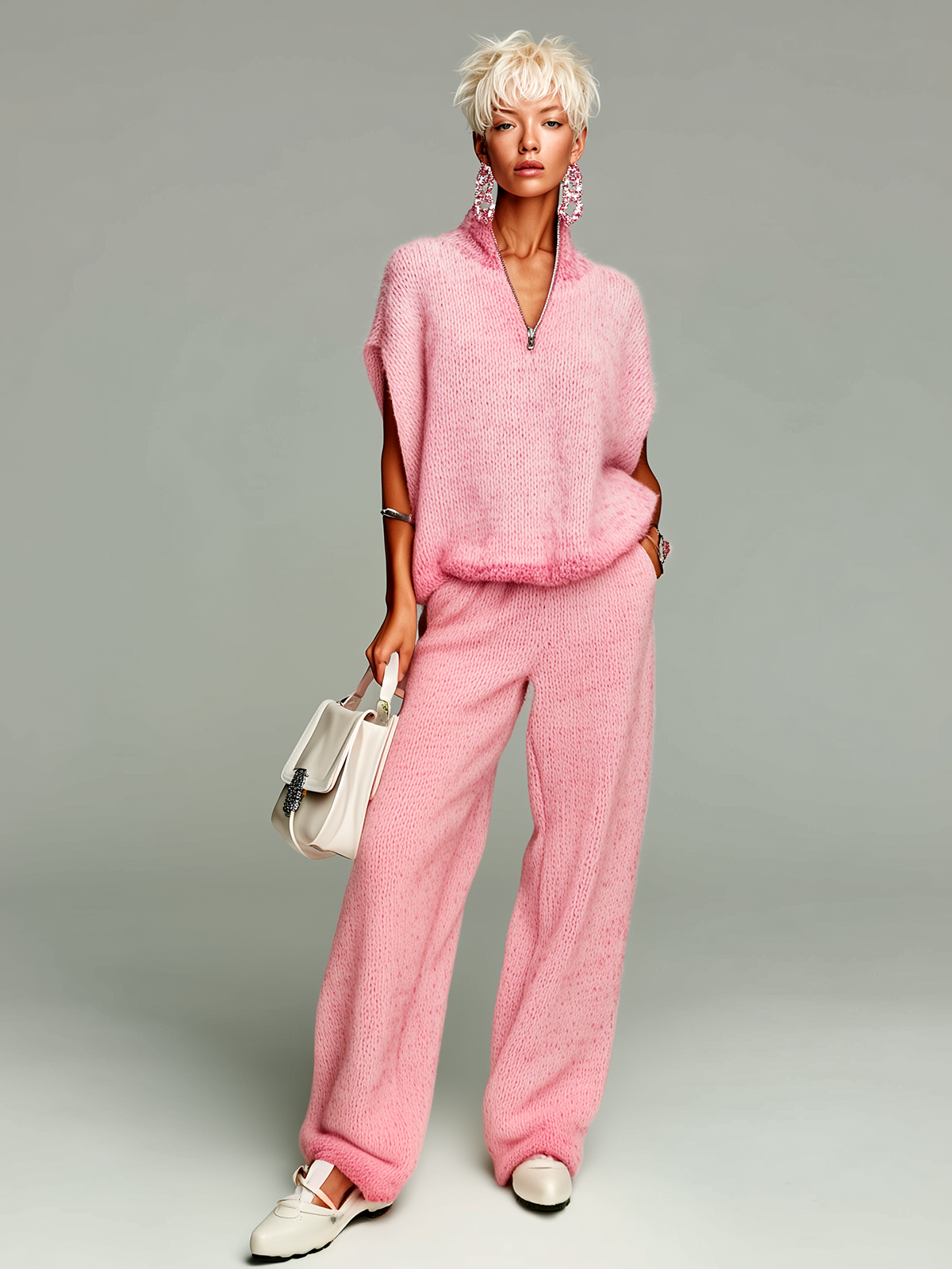 Fashion Casual Pink Stand-Collar Zip-Up Short-Sleeve Loose Sweater Wide-Leg Pants Knit Two-Piece Set