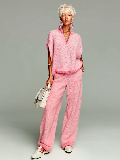 Fashion Casual Pink Stand-Collar Zip-Up Short-Sleeve Loose Sweater Wide-Leg Pants Knit Two-Piece Set
