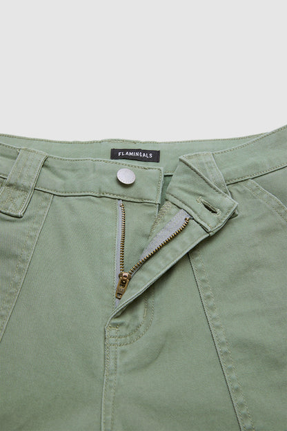 Solid Button Detail Mid Waist Straight Leg Cropped Pants Without Belt