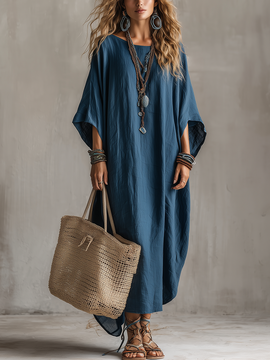 Robe longue kaftan style bohème bleu lagon