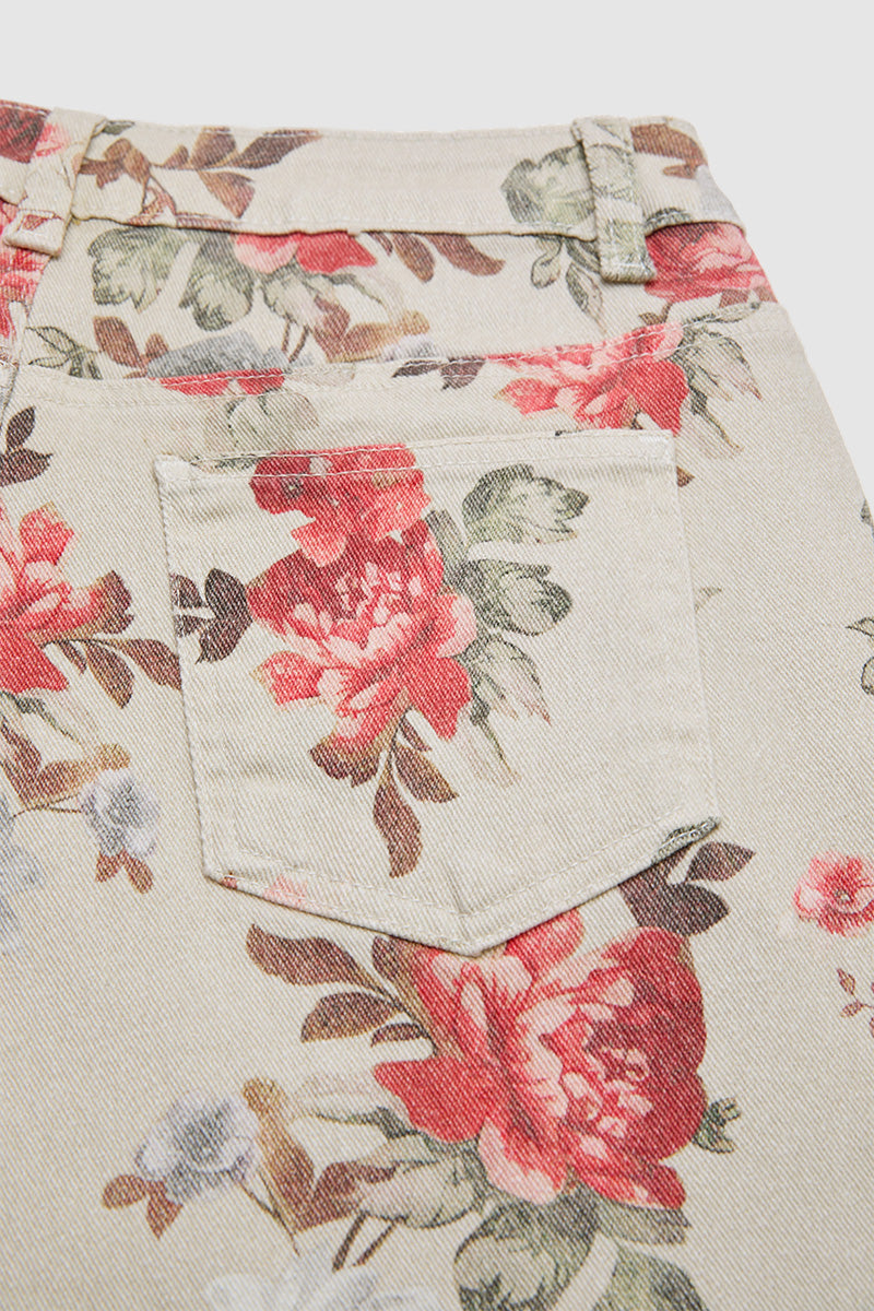 Floral Pattern Split Mid Waist Wide Leg Crop Pants Without Belt