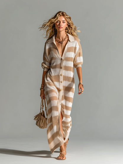 Chic Elegant Camel-Beige Stripes Lapel Collar Single-Breasted Short-Sleeve Loose-Fit Mesh Knit Maxi Dress