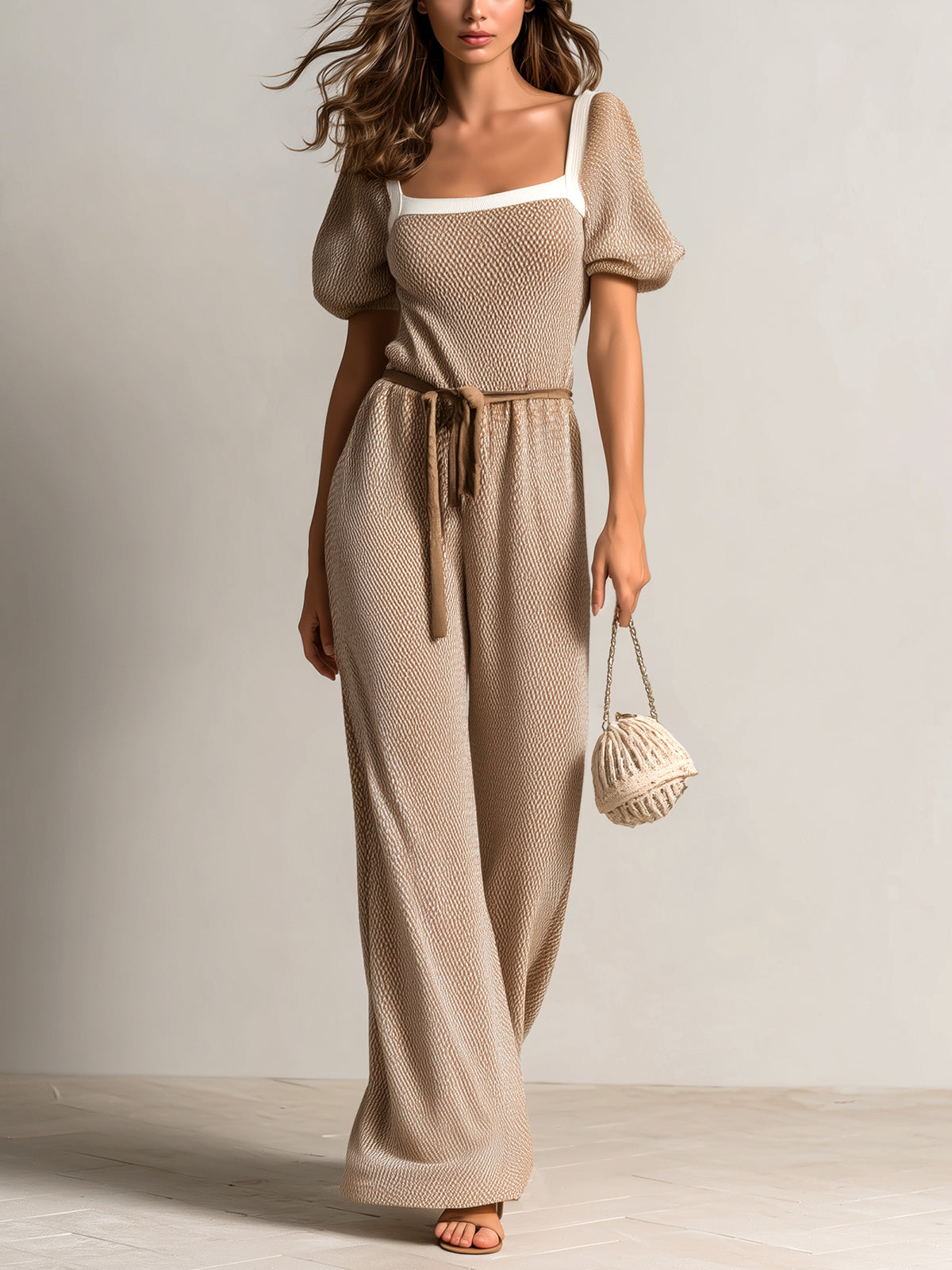 Chic Elegant Camel Square Neck Short Lantern Sleeve Contrast Trim Detail Tie-Waist Loose-Fit Wide-Leg Knit Jumpsuit