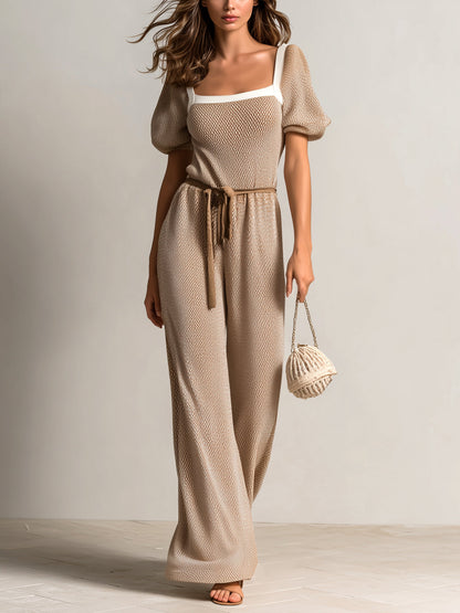 Chic Elegant Camel Square Neck Short Lantern Sleeve Contrast Trim Detail Tie-Waist Loose-Fit Wide-Leg Knit Jumpsuit