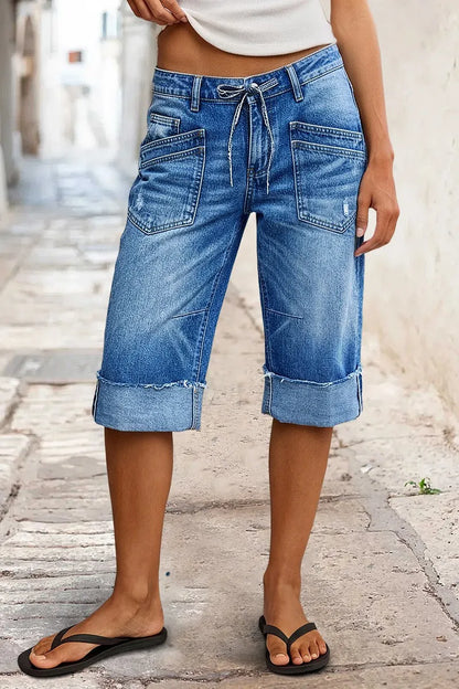 Wash Roll Hem Ripped Patch Pocket Drawstring Straight Leg Mid Rise Capri Jeans