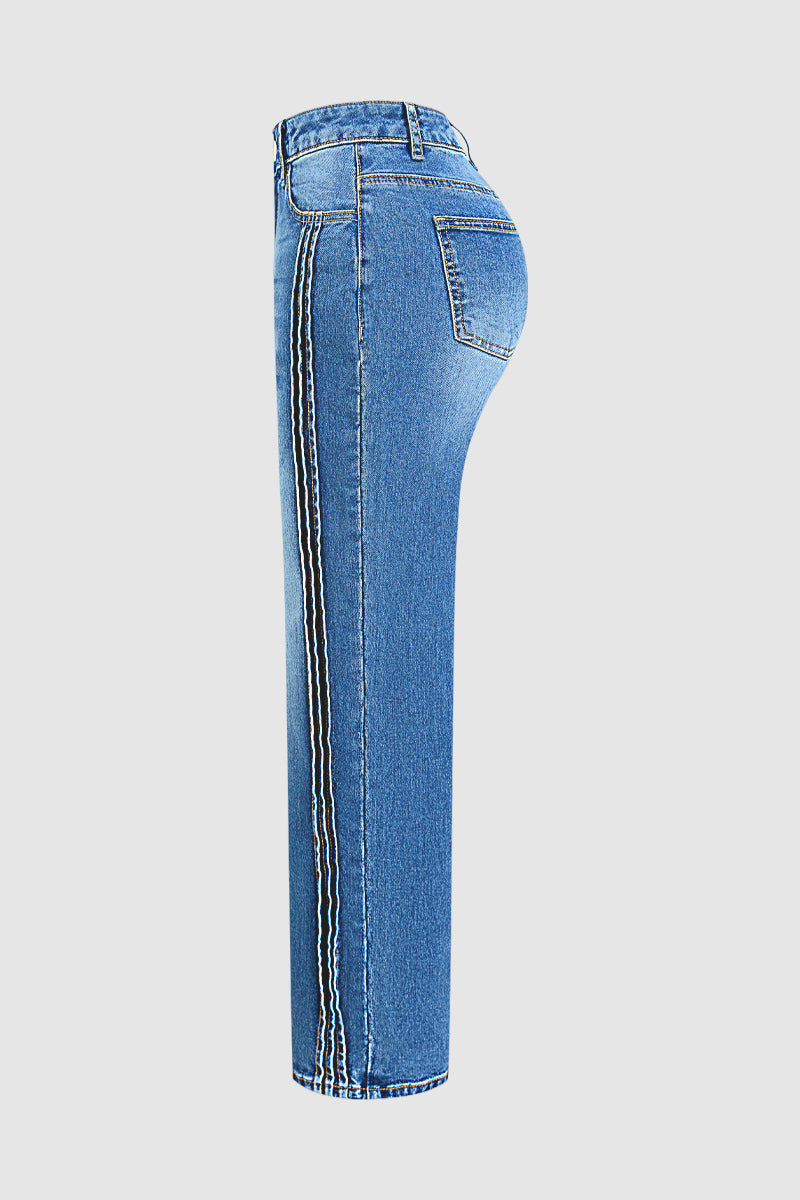 Wash Seam Front Mid Rise Straight Leg Jeans Without Belt
