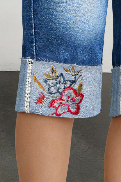 Wash Floral Embroidery Roll Hem Mid Rise Denim Bermuda Shorts