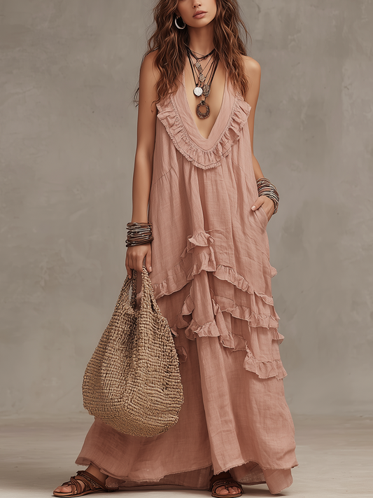 Robe longue bohème romantique à volants étagés rose poudré
