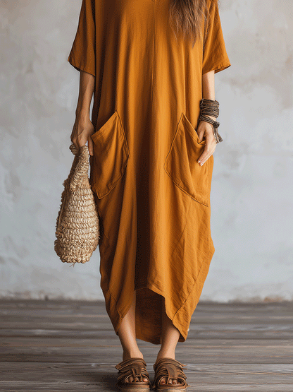 Robe longue bohème oversize moutarde à poches