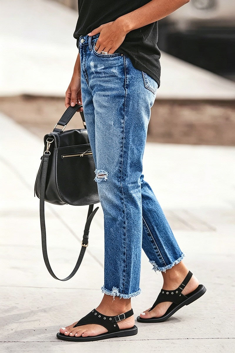 Wash Ripped Raw Hem Mid Rise Straight Leg Crop Jeans