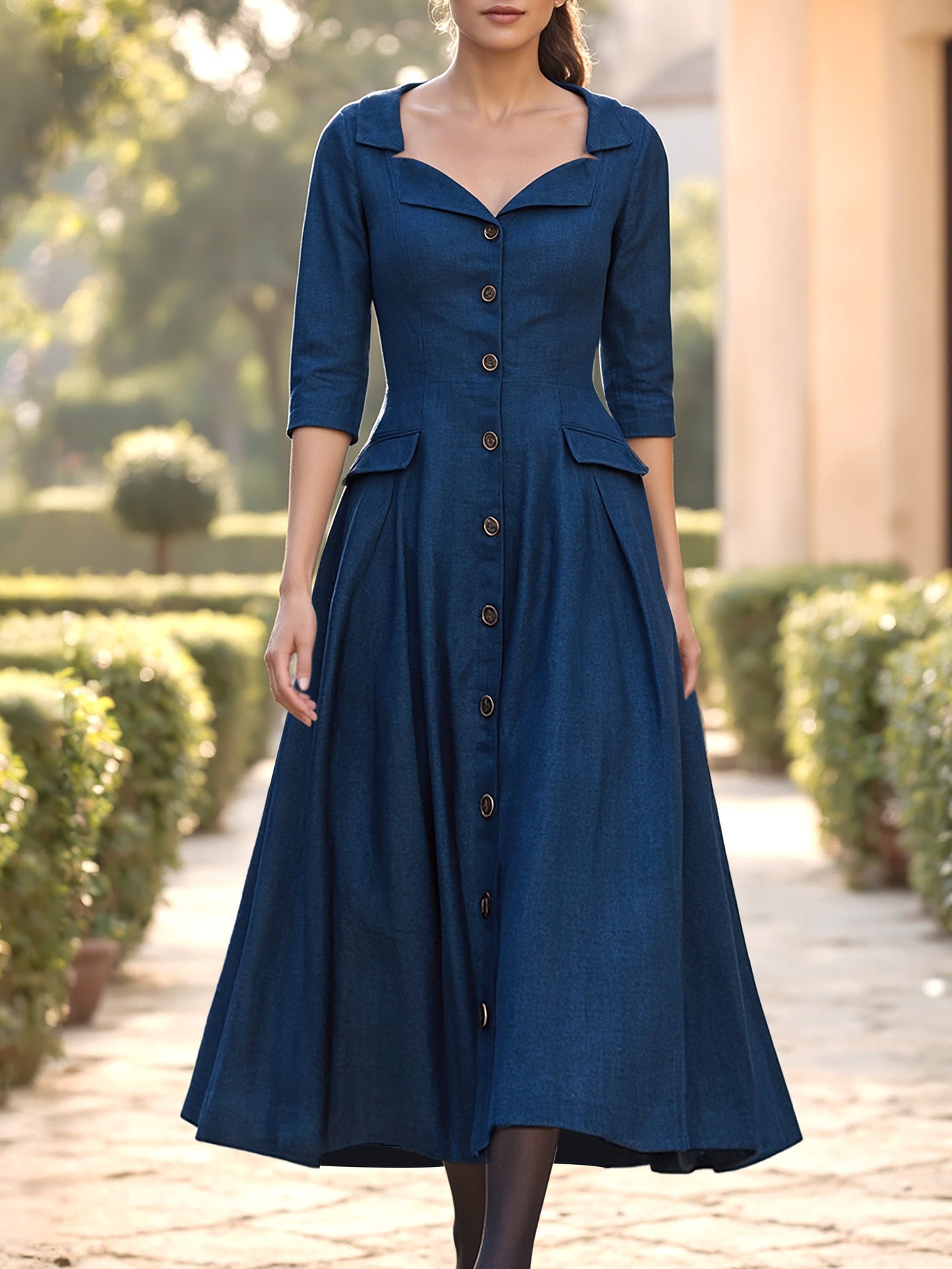 Robe midi en lin, manches courtes, col châle, unie, boutonnée, style vintage, bleu foncé