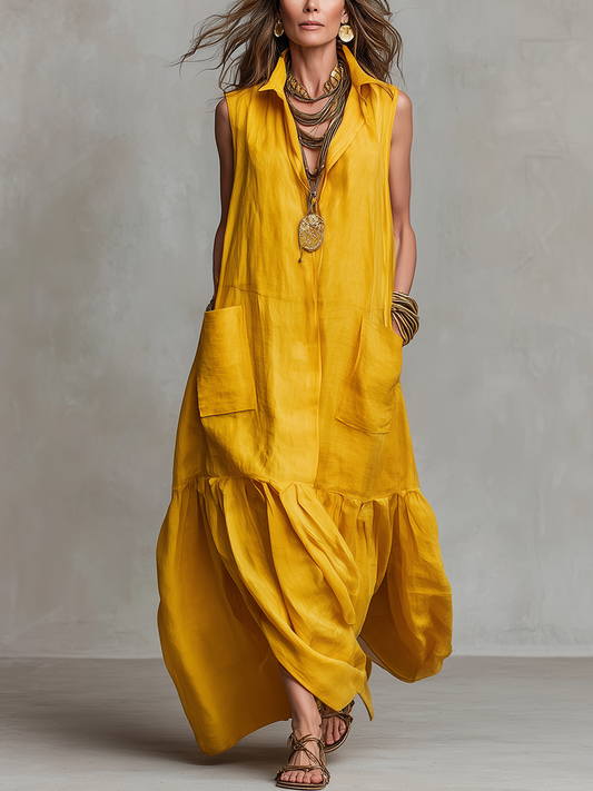 Robe longue bohème rétro moutarde avec poches