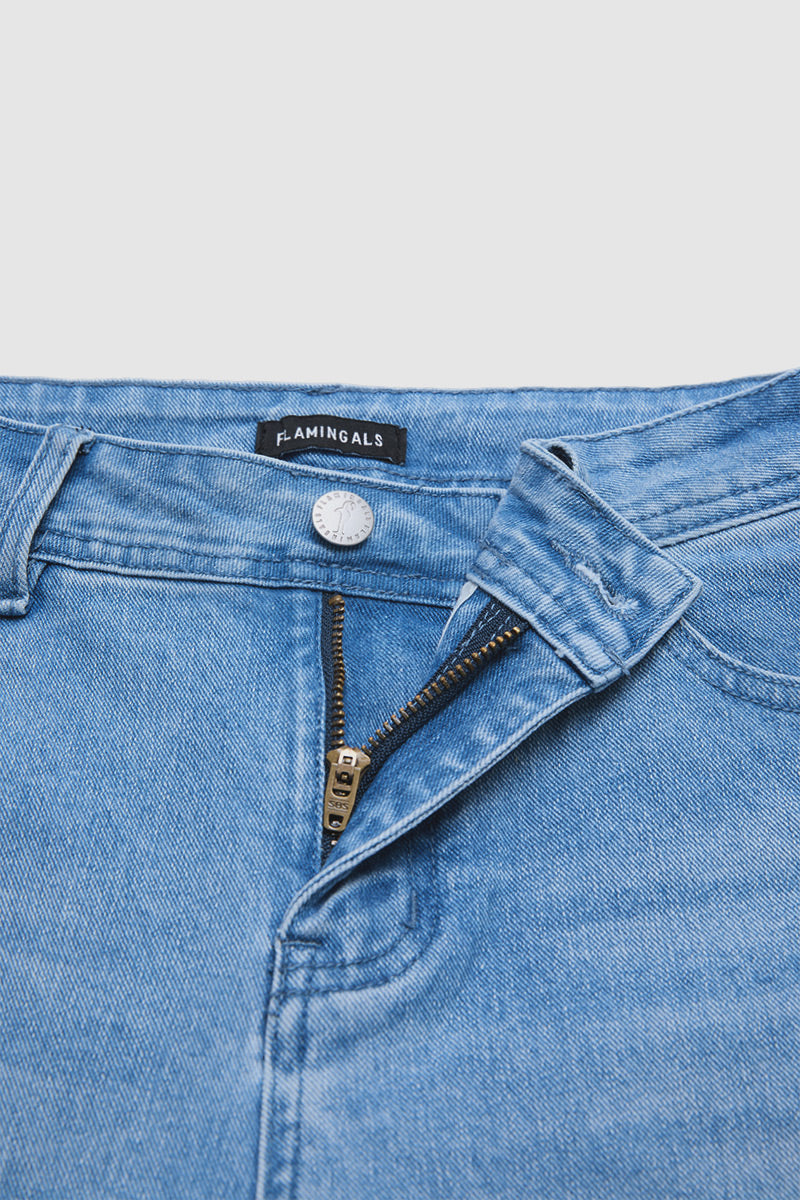 Wash Stitch Detail Ruffle Hem Mid Rise Wide Leg Crop Jeans