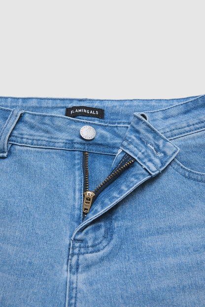 Wash Stitch Detail Ruffle Hem Mid Rise Wide Leg Crop Jeans