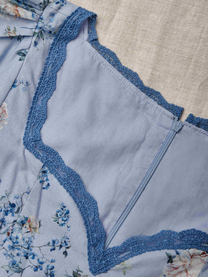 Robe longue en lin, manches bouffantes, col rond, fleuri, mélange de lin, bleue