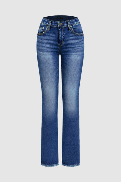 Wash Raw Hem V Cut Pocket Mid Rise Bootcut Jeans