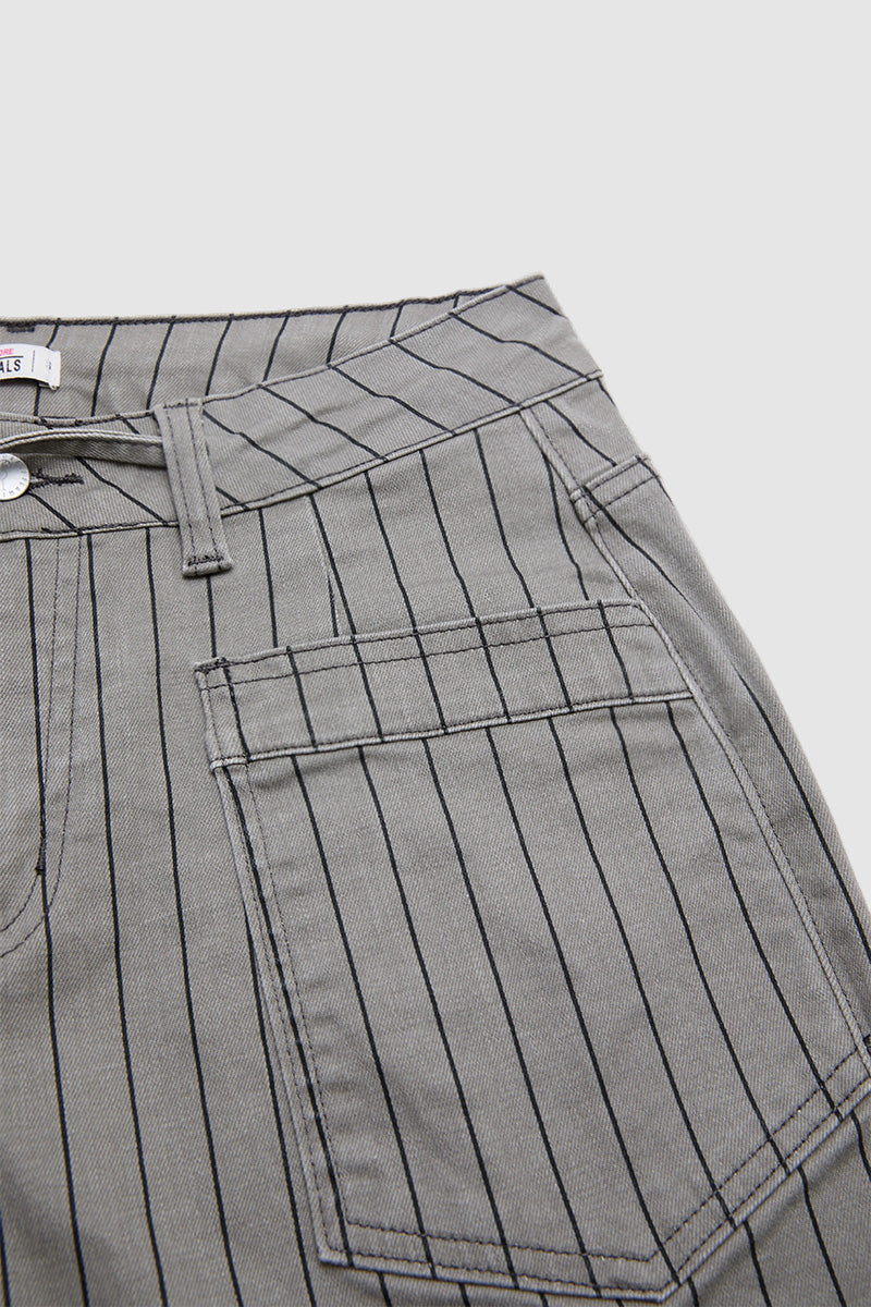 Striped Roll Hem Drawstring Mid Waist Straight Leg Cropped Pants