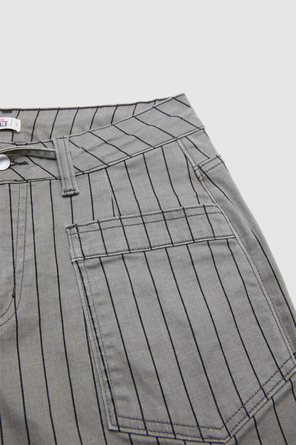 Striped Roll Hem Drawstring Mid Waist Straight Leg Cropped Pants