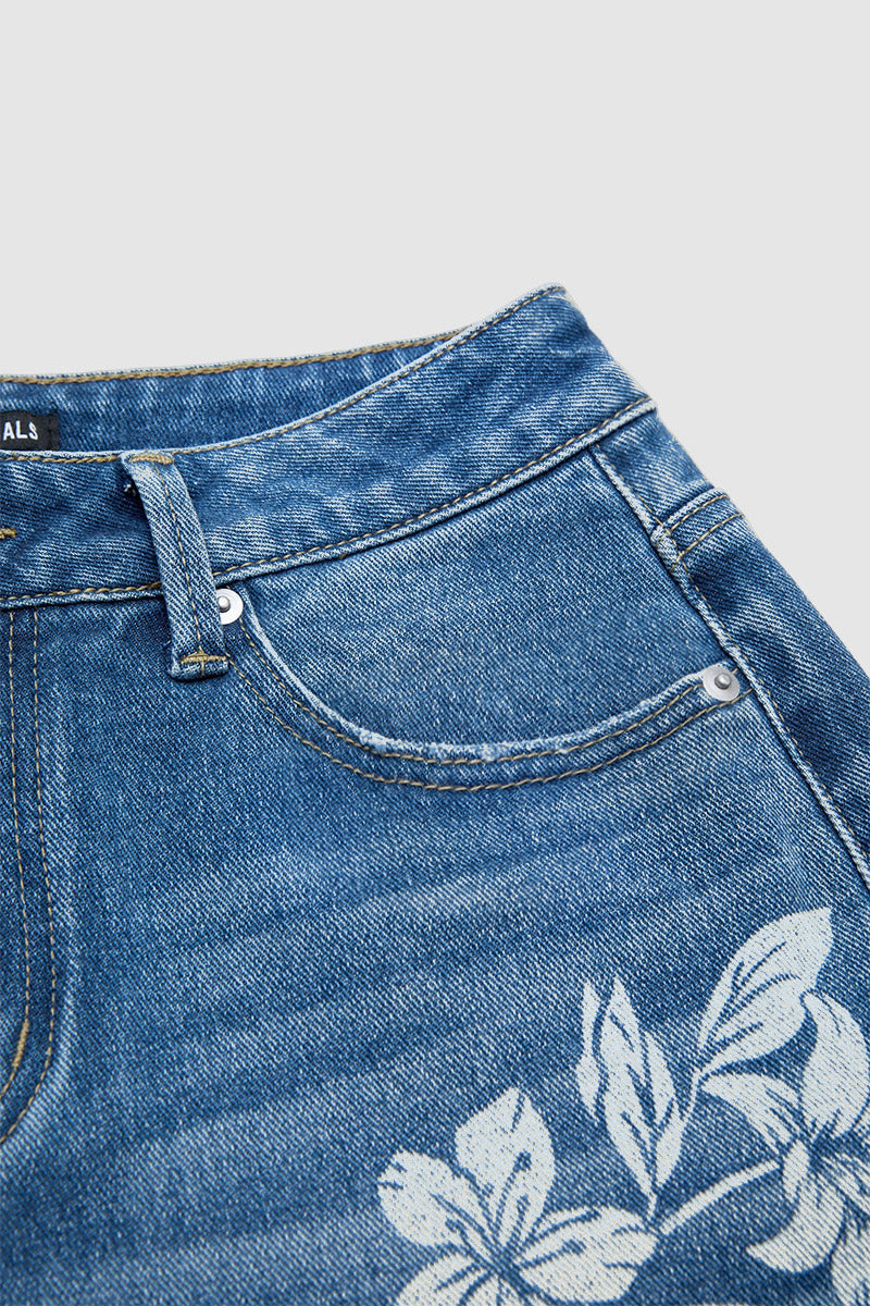 Floral Print Raw Hem Mid Waist Straight Leg Crop Jeans