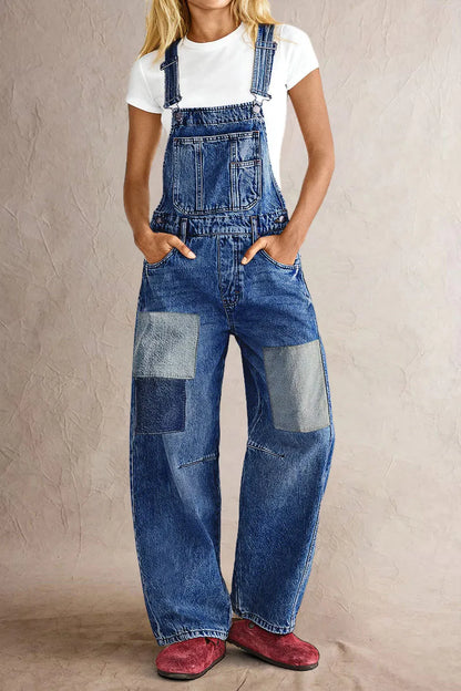 Patched Stitch Detail Barrel Leg Denim Overalls