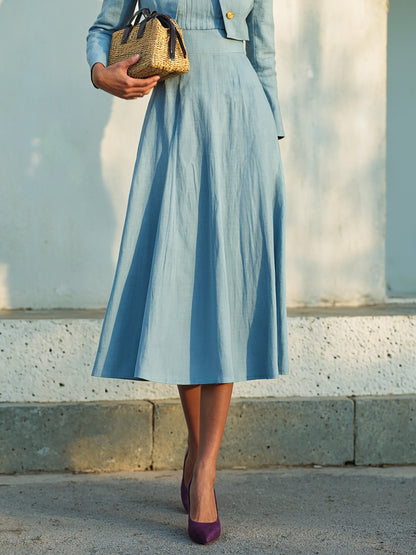Ensemble robe midi en coton, manches longues, col rond, unie, boutonnée, style vintage français, bleue