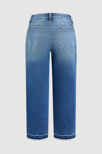 Wash Ripped Raw Hem Mid Rise Straight Leg Crop Jeans
