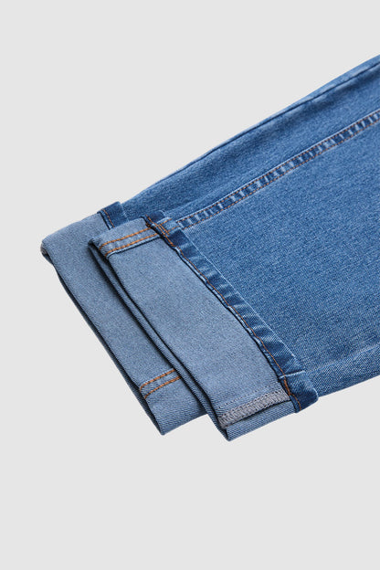 Wash Roll Hem Mid Waist Tapered Crop Jeans Without Belt