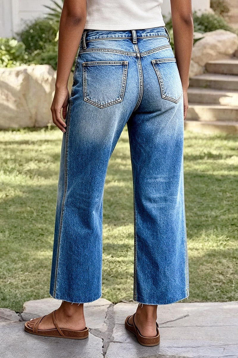 Wash Raw Hem Mid Waist Wide Leg Cropped Jeans