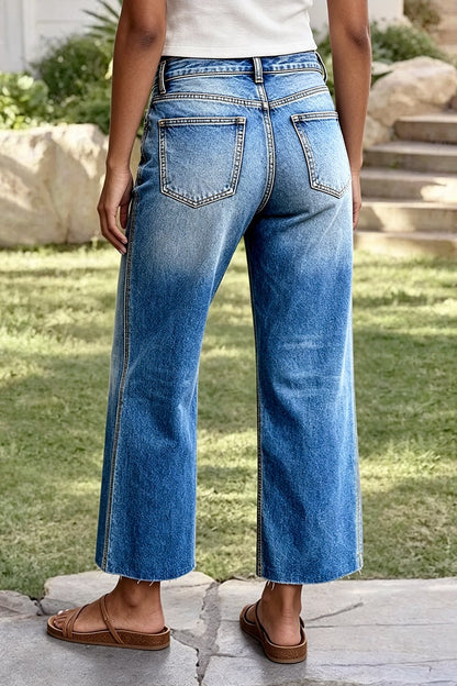 Wash Raw Hem Mid Waist Wide Leg Cropped Jeans