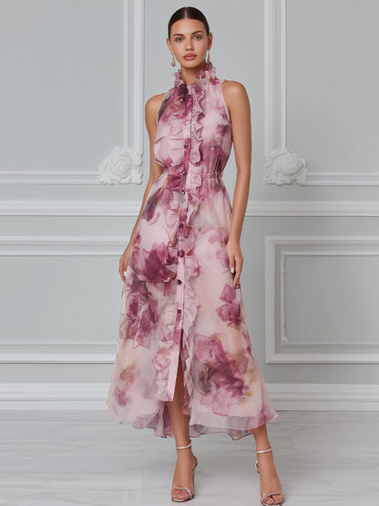 Ethereal Mauve Floral Chiffon Maxi Dress