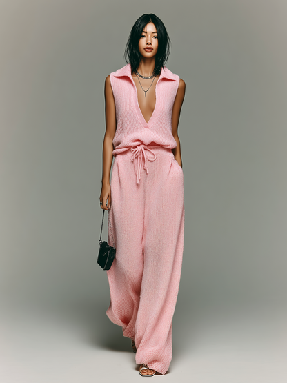 Chic Elegant Pink Lapel V-Neck Loose Vest Drawstring Waist Wide-Leg Pants Ribbed Knit Two-Piece Set