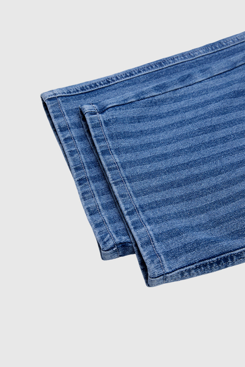 Striped Patch Pocket Drawstring Mid Rise Straight Leg Crop Jeans