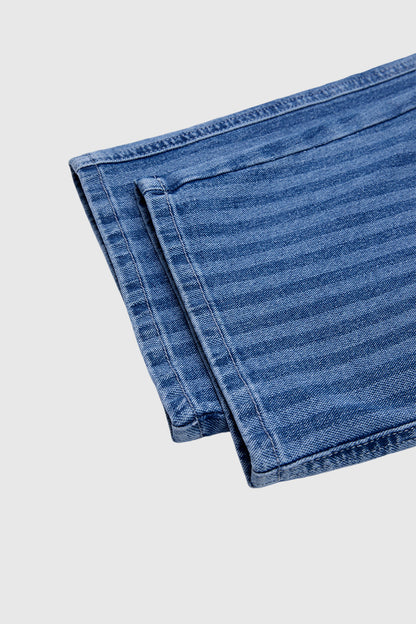 Striped Patch Pocket Drawstring Mid Rise Straight Leg Crop Jeans