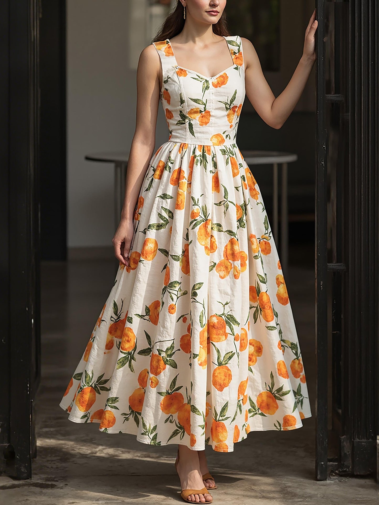 Robe longue en lin, sans manches, encolure en cœur, imprimé fruits, vacances, vintage français, orange