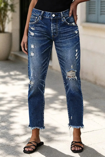 Wash Ripped Raw Hem Straight Leg Mid Rise Crop Jeans