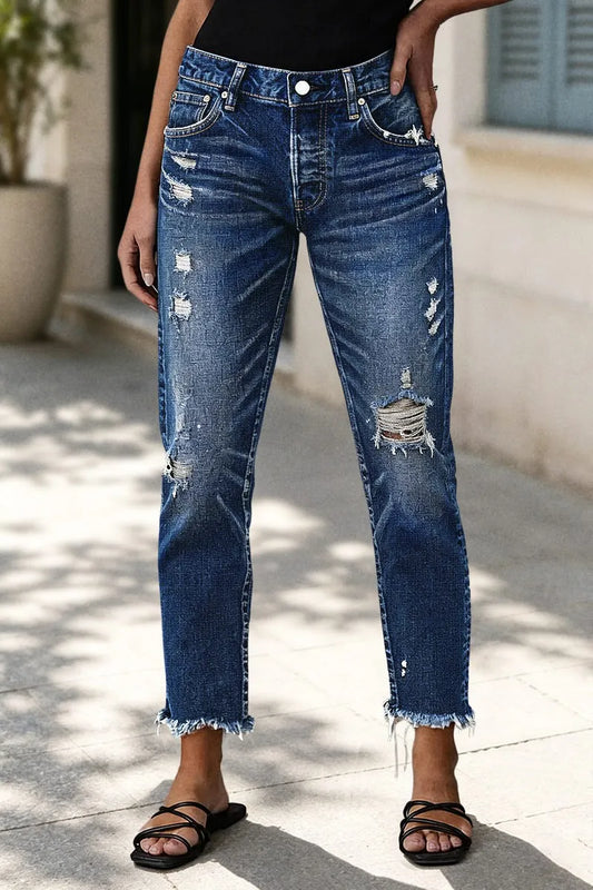 Wash Ripped Raw Hem Straight Leg Mid Rise Crop Jeans